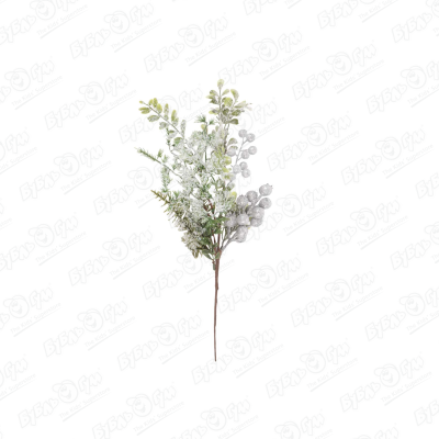 Декор хвойная ветка с листьями и ягодами заснеженная серебро 35см