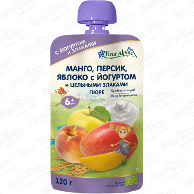 Пюре Fleur Alpine манго-персик-яблоко-йогурт-цельные злаки 120г с 6мес БЗМЖ йогурт савушкин персик манго 2% 120г