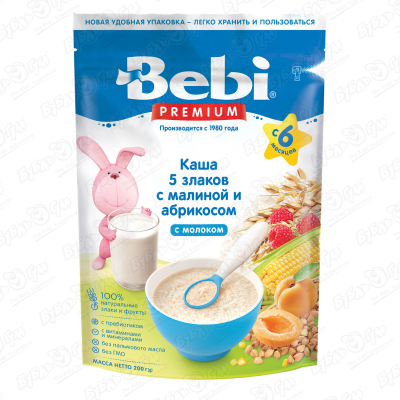 Каша Bebi PREMIUM молочная 5 злаков малина-абрикос 200г с 6мес БЗМЖ