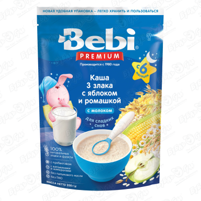 Каша Bebi PREMIUM молочная 3 злака яблоко-ромашка 200г с 6мес БЗМЖ