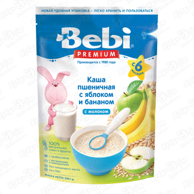 Каша Bebi PREMIUM молочная пшеничная яблоко-банан 200г с 6мес БЗМЖ
