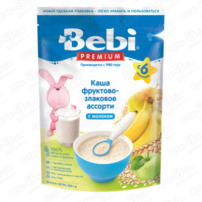 Каша Bebi PREMIUM молочная фруктово-злаковое ассорти с натуральныси злаками и фруктами 200г с 6мес БЗМЖ йогурт питьевой активиа с черникой бзмж злаками и семенами льна 1 6% бзмж 260 г