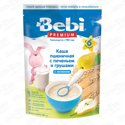 Каша Bebi PREMIUM молочная пшеничная с печеньем и грушей 200г с 6мес БЗМЖ каша молочная bebi premium пшеничная с печеньем и грушами с 6 мес 200 г