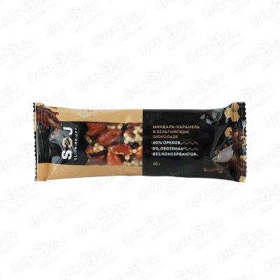 Батончик SOJ миндаль-карамель в бельгийском шоколаде 40г ореховый батончик со сливочно карамельным вкусом миндаль карамель soj миндаль карамель 1 шт