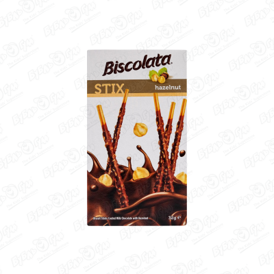Палочки Biscolata с лесным орехом в молочном шоколаде 32г бисквитные палочки biscolata в молочном шоколаде с кокосовой стружкой 32 г