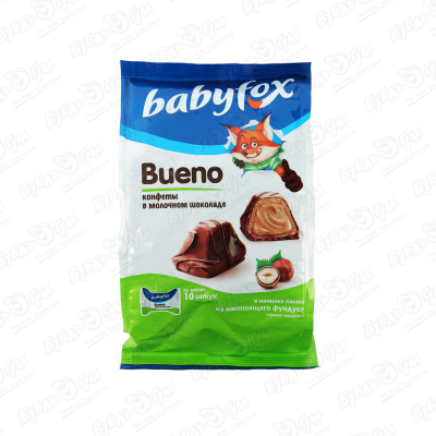 Батончик babyfox Bueno c молочно-ореховой начинкой в молочном шоколаде 100г вафли kinder bueno white в белом шоколаде c молочно ореховой начинкой 39 г