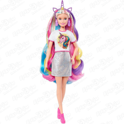 Кукла Barbie с ободком и разноцветными прядями в серебристом платье с 5лет