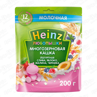 Каша Heinz Любопышки молочная йогурт-слива-яблоко-малина-черника 200г с 12мес БЗМЖ йогурт питьевой пестравка малина 2% бзмж 270 г