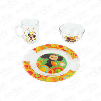 Набор детской посуды Чебурашка стеклянный 3предмета набор детской посуды холодное сердце 3предмета стекло